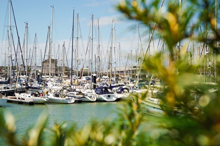 Bootjes auf dem blauen Wasser mit etwas Natur im Vordergrund.